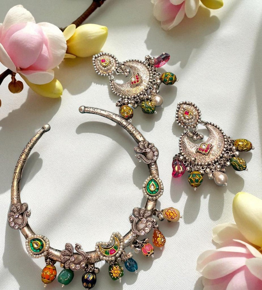 Handcrafted Oxidized Silver Necklace Set with Colorful Beads & Moon Motif Earrings