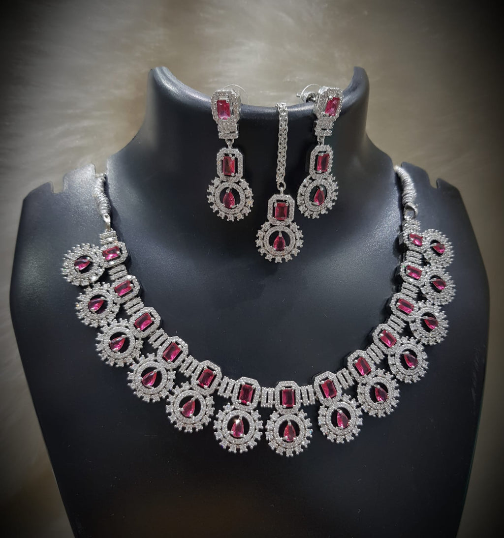 Silver-Plated Green Stone Necklace Set with Earrings & Maang Tikka | Indian Jewellery | Stone Jewellery | Indian Necklace Set