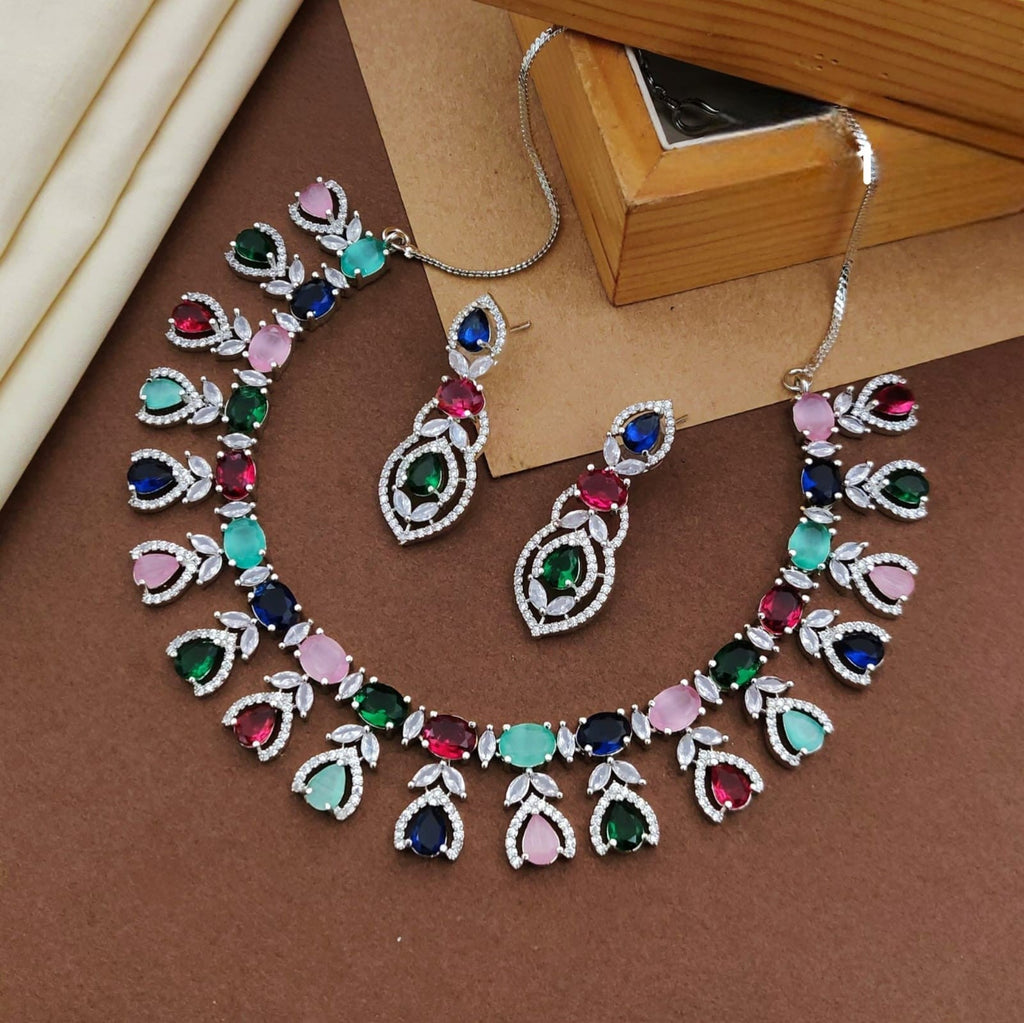 Silver-Plated Multicolor Stone Necklace Set | Indian Jewellery | Stone Jewellery Indian Neckles Set With Matching Earring Set