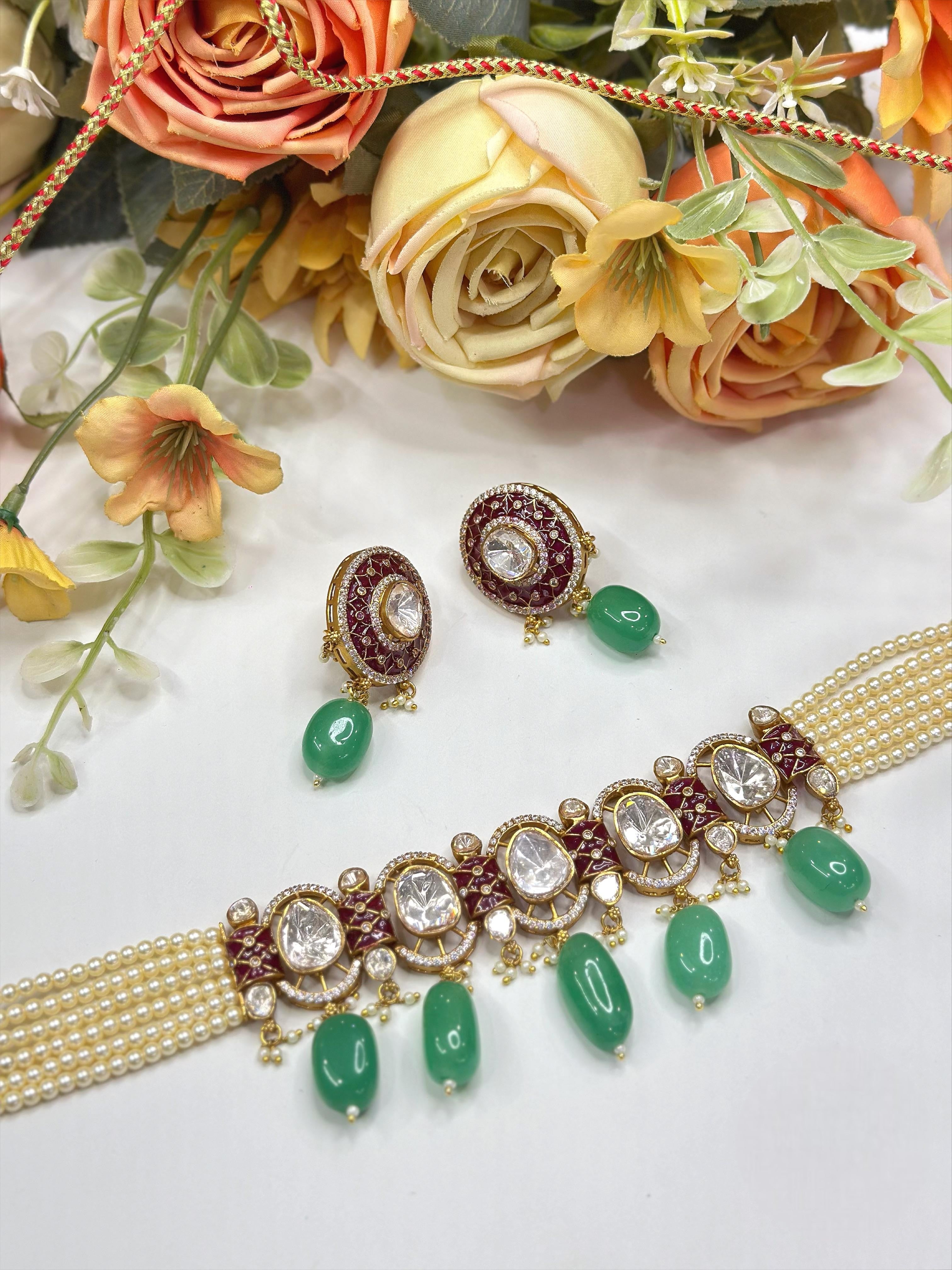 Pearl & Kundan Choker Necklace Set with Matching Earrings | Indian Jewellery | Beads & Ruby Detailing Jewellery Indian Neckles Set