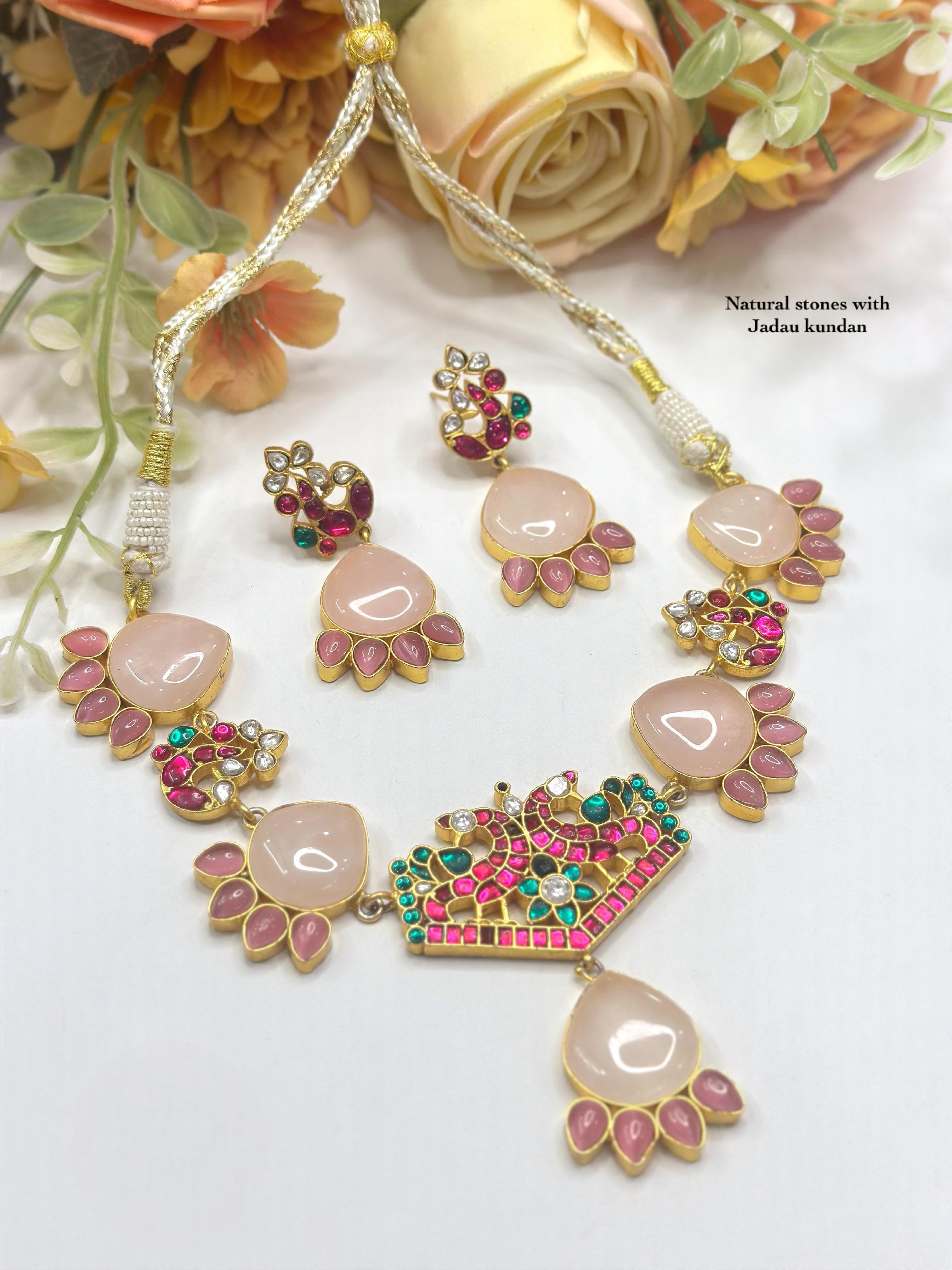 Motif Necklace Set with Matching Earrings | Natural Stones & Jadau Kundan Indian Jewellery | Traditional Indian Necklace Set
