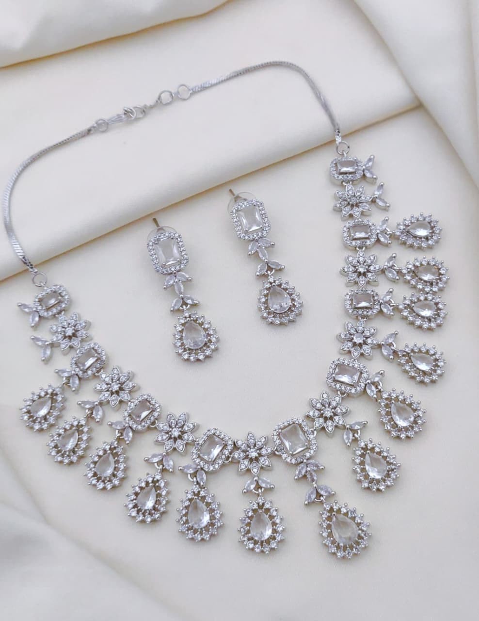 Multicolor CZ Stone Bridal Jewelry Set with Maang Tikka & Earrings | Indian Jewellery | Premium Stone Jewellery Indian Neckles Set