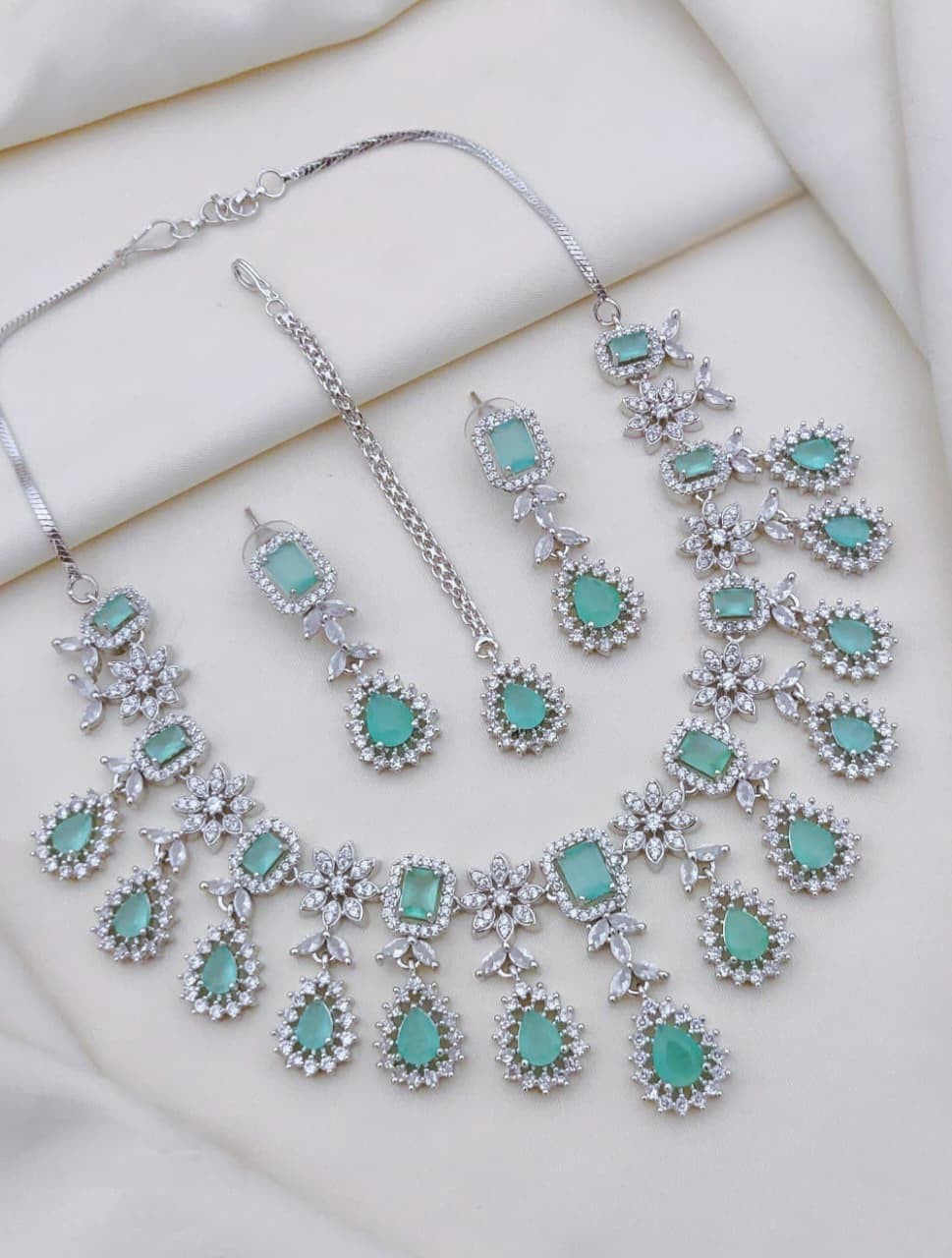 Multicolor CZ Stone Bridal Jewelry Set with Maang Tikka & Earrings | Indian Jewellery | Premium Stone Jewellery Indian Neckles Set