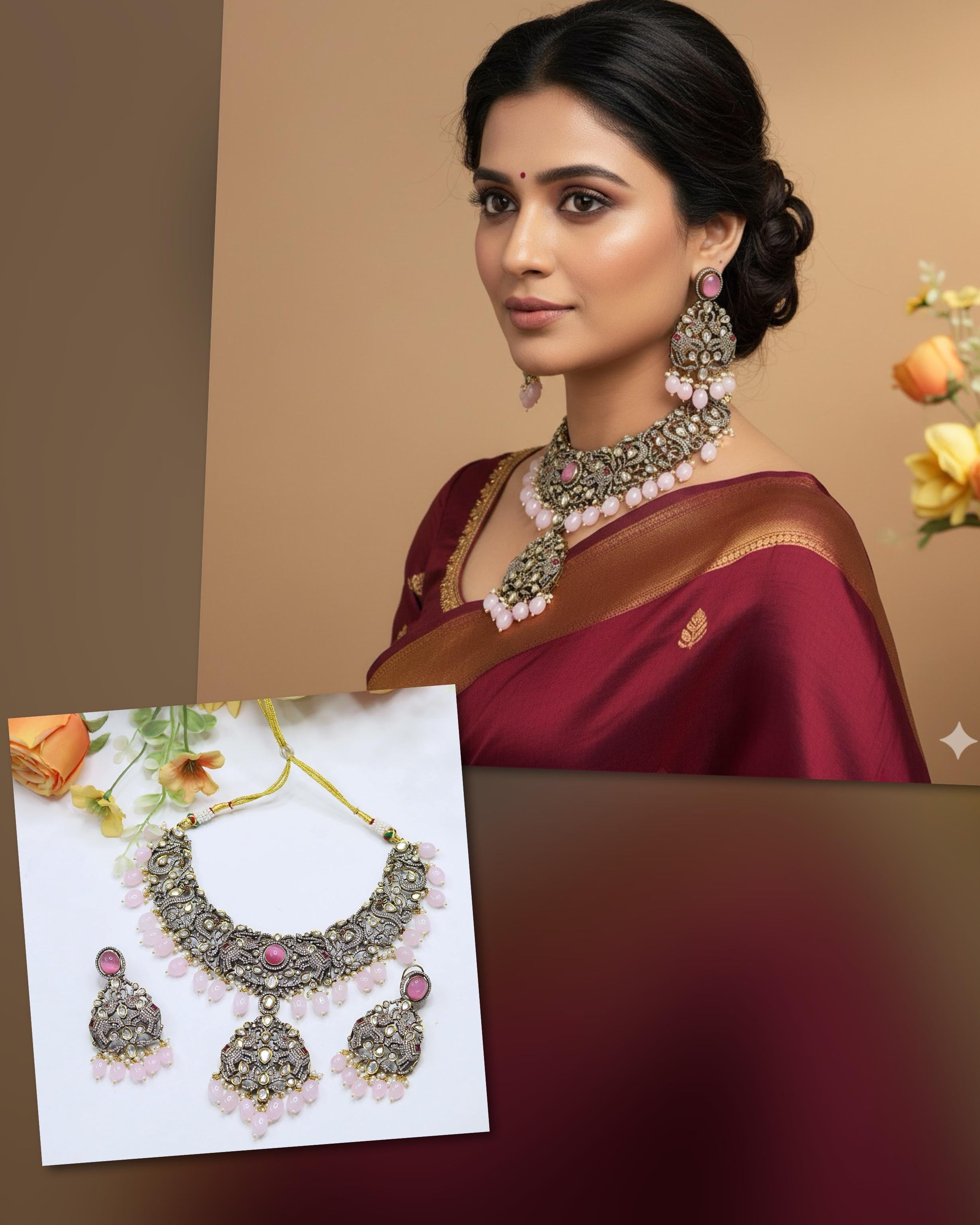 Pink Beaded Kundan Pearl Necklace Set with Earrings | Indian Jewellery | Kundan Polki Jewellery | Indian Necklace Set