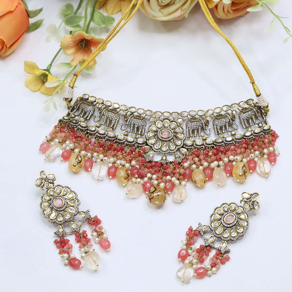 Elephant-Inspired Choker Pearl Necklace Set | Indian Jewellery | Pearl Indian Necklace Set with Matching Earrings | Premium Indian Jewellery