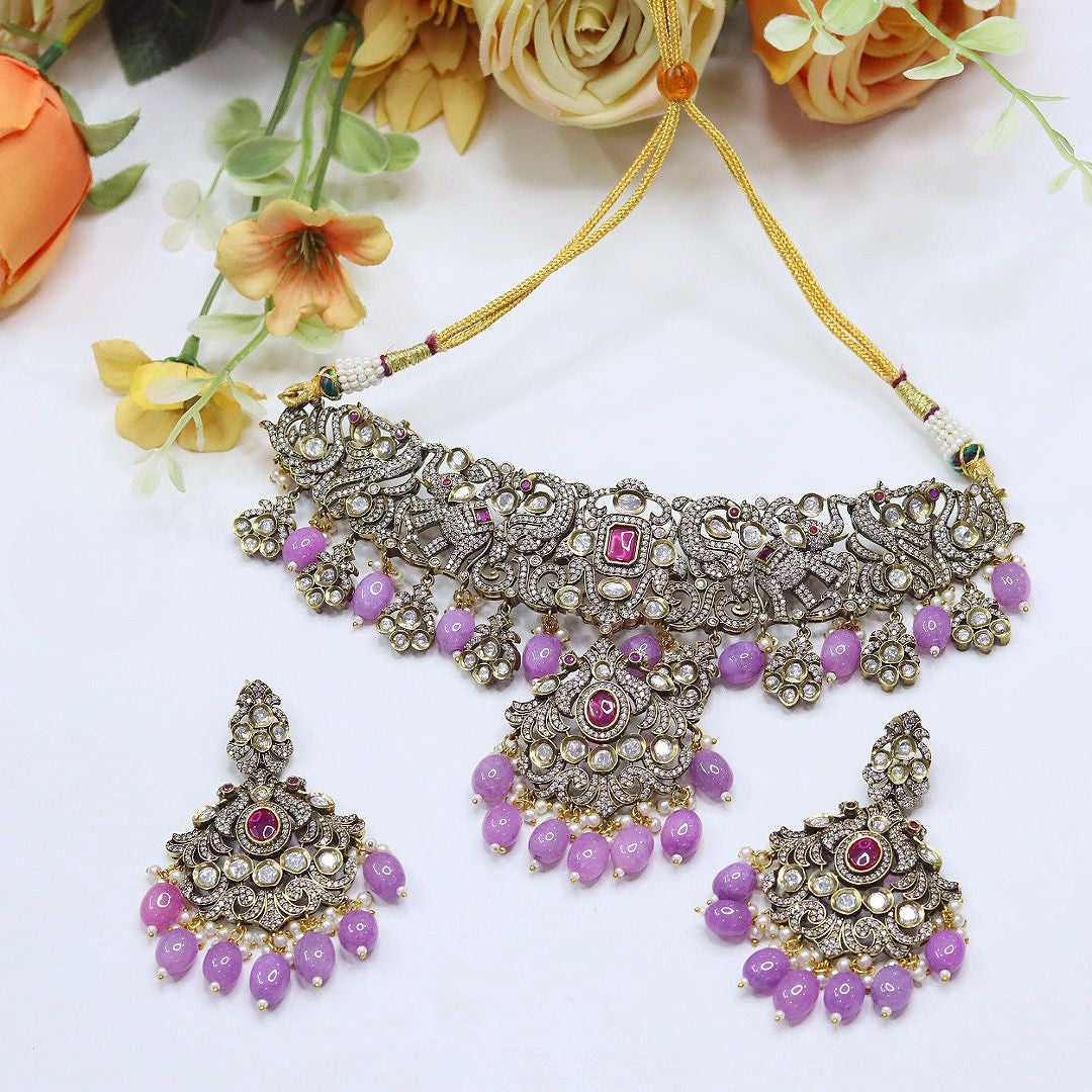 Elephant-Inspired Choker Pearl Necklace Set | Indian Jewellery | Pearl Indian Necklace Set with Matching Earrings | Premium Indian Jewellery