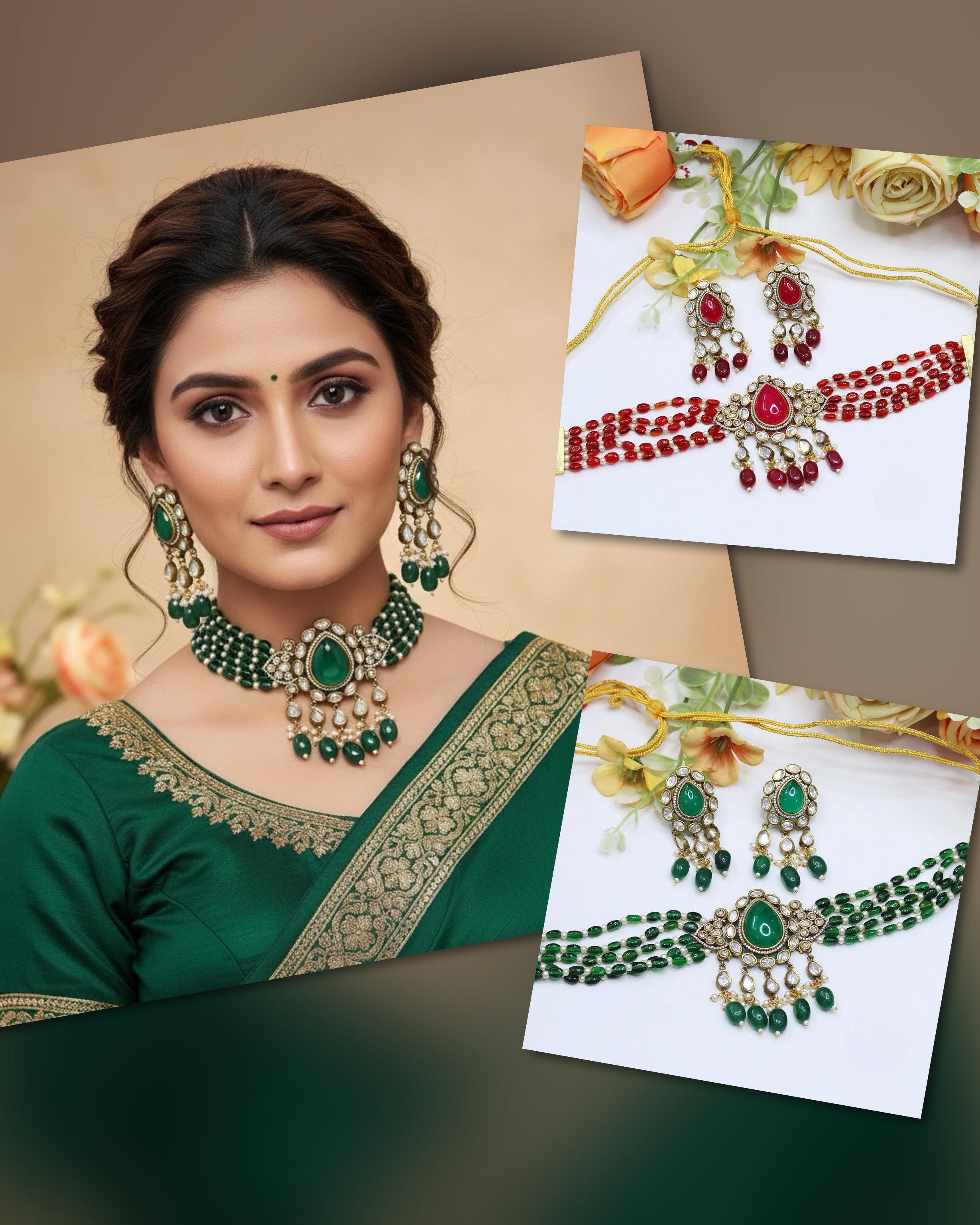 Stone Kundan Choker Necklace Set | Indian Jewellery | Stone Kundan Indian Necklace Set with Matching Earrings | Indian Jewellery for Women