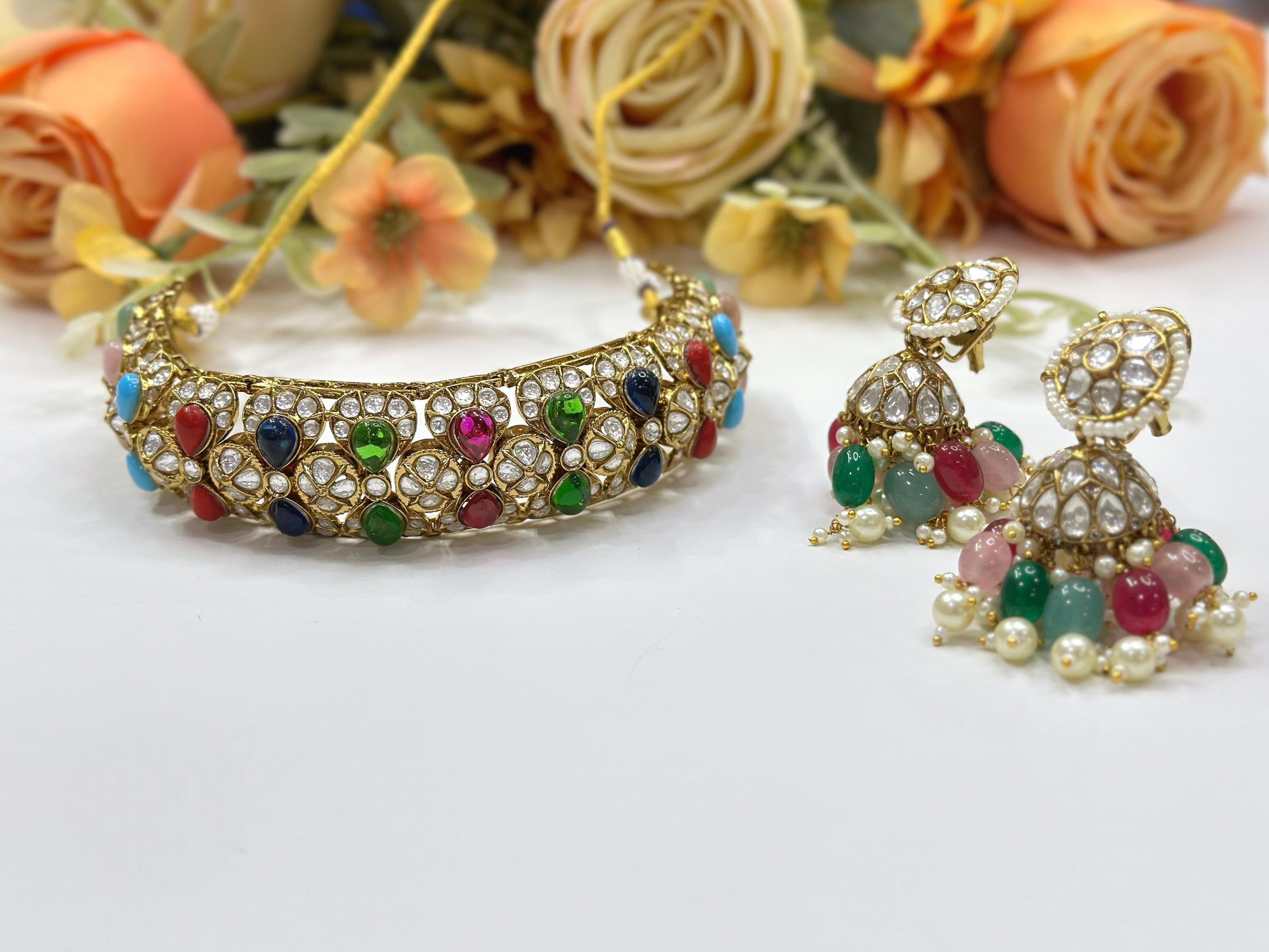 Multicolor Pearl Kundan Choker Necklace Set | Indian Jewellery | Pearl Kundan Indian Necklace Set with Matching Jhumki Earrings | Premium Indian Jewellery