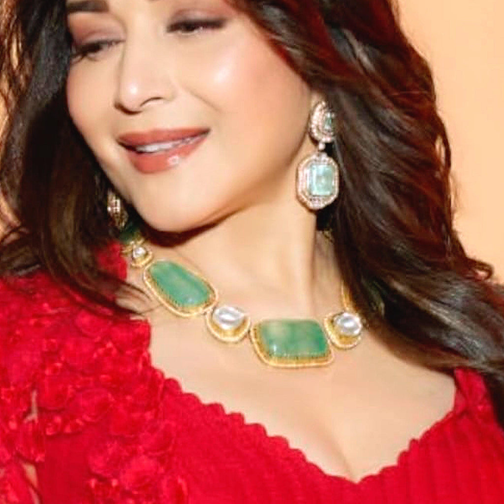 Elegant Green Doublet Stone Necklace Set with CZ Accents Bridal & Festive Jewelry