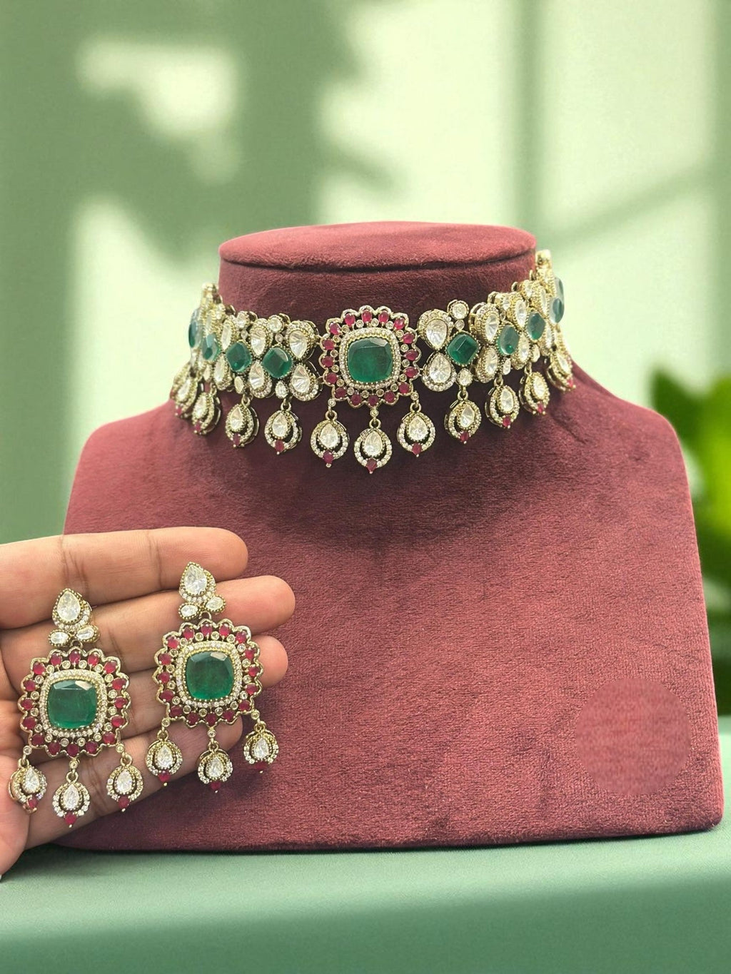 Regal Blue Stone Kundan Choker Necklace & Earring Set Traditional Bridal Jewelry
