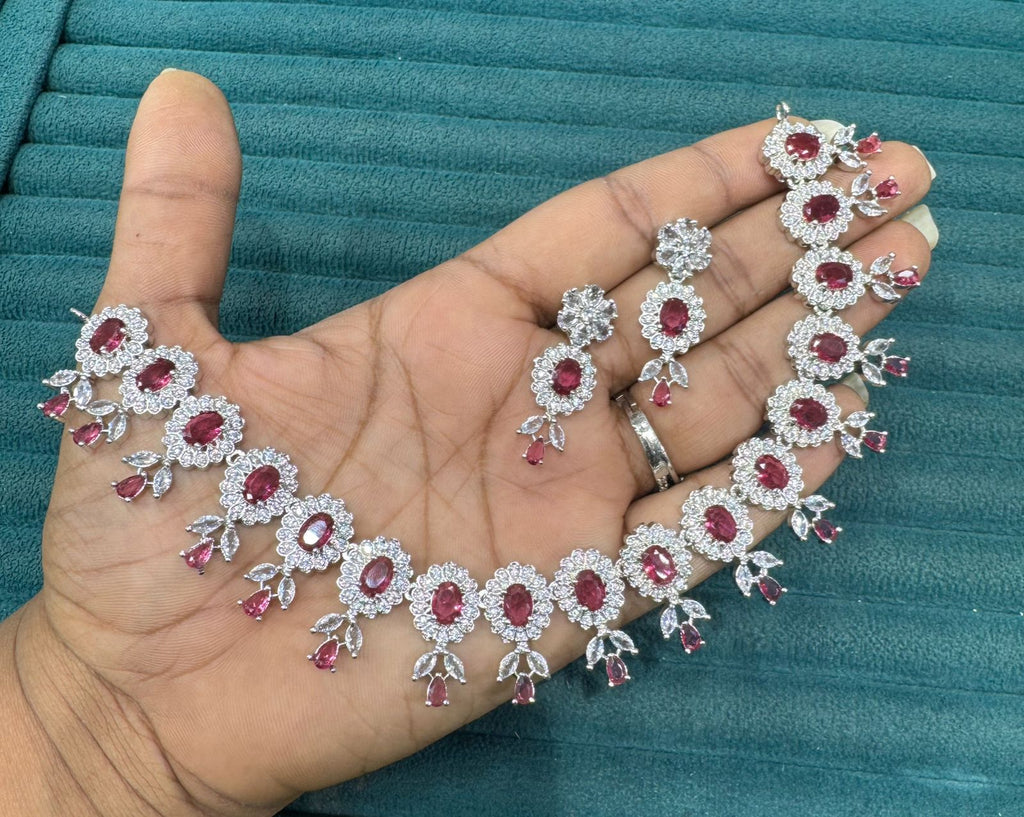 Premium Stone Silver-Plated Necklace Set with Matching Earrings | Indian Jewellery | Stone Jewellery | Indian Necklace Set