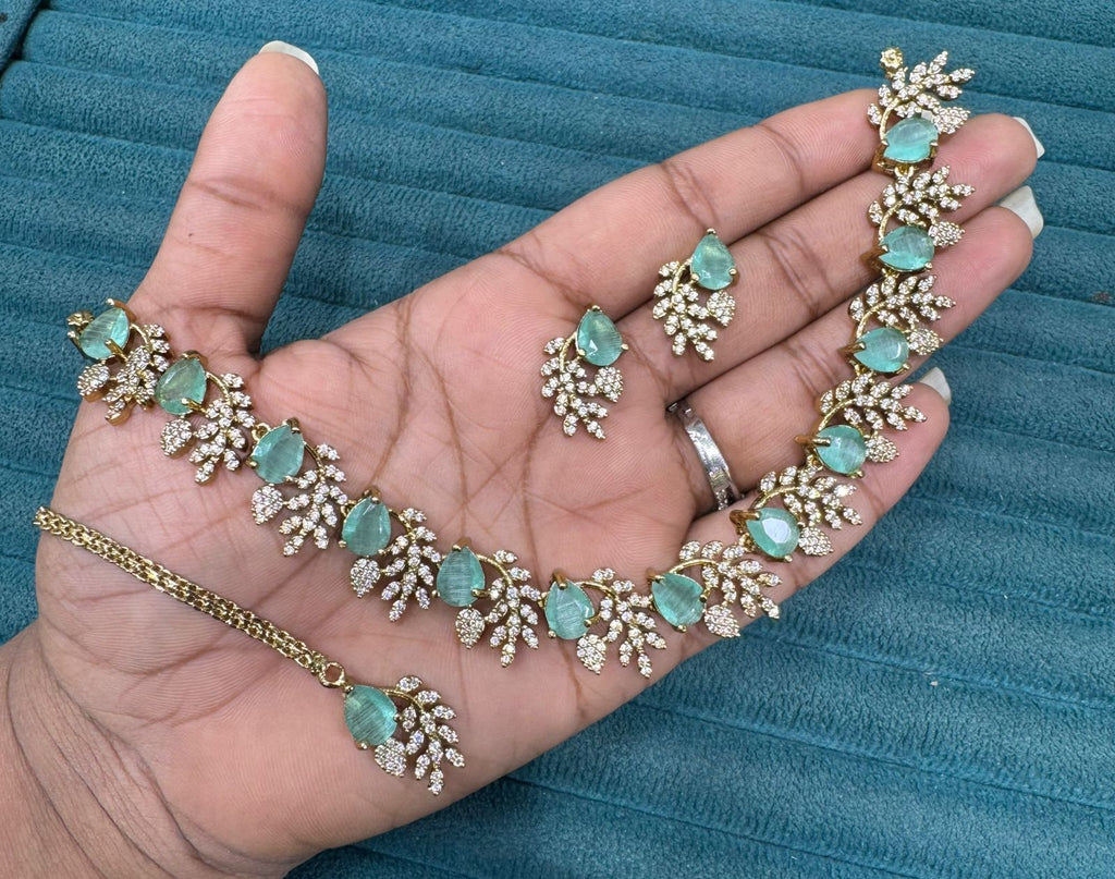 Multicolor Stone Diamond Necklace Set with Matching Earrings & Maangtika | Premium Indian Jewellery | Diamond Jewellery | Indian Necklace Set
