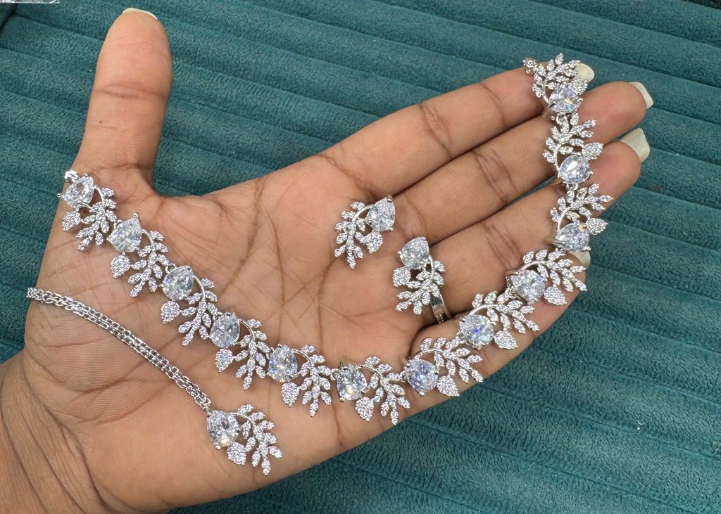 Multicolor Silver Stone Diamond Necklace Set with Matching Earrings & Maangtika | Premium Indian Jewellery | Silver Diamond Jewellery | Indian Necklace Set