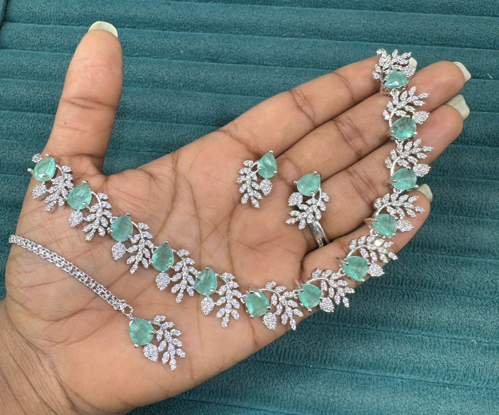 Multicolor Silver Stone Diamond Necklace Set with Matching Earrings & Maangtika | Premium Indian Jewellery | Silver Diamond Jewellery | Indian Necklace Set