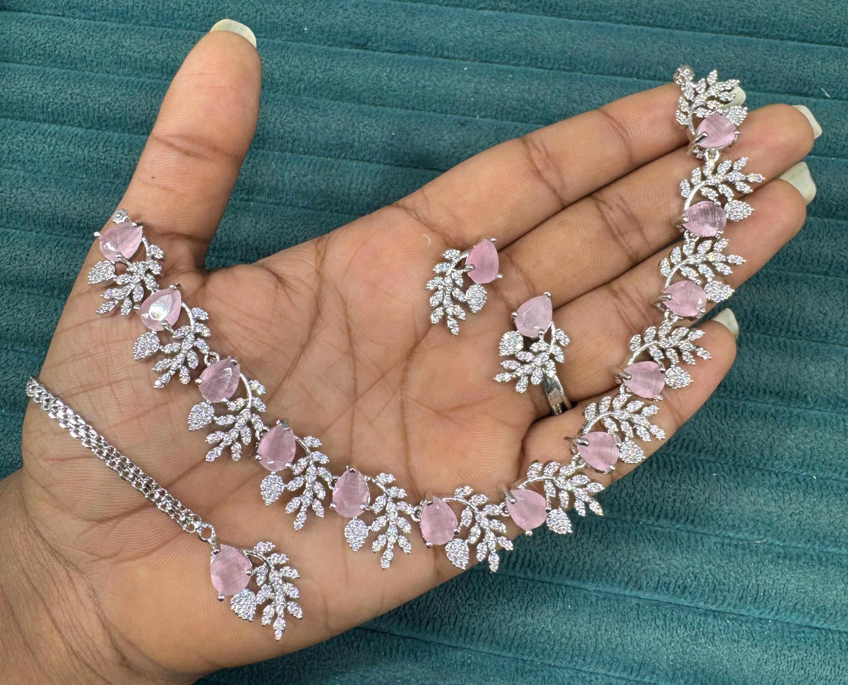 Multicolor Silver Stone Diamond Necklace Set with Matching Earrings & Maangtika | Premium Indian Jewellery | Silver Diamond Jewellery | Indian Necklace Set
