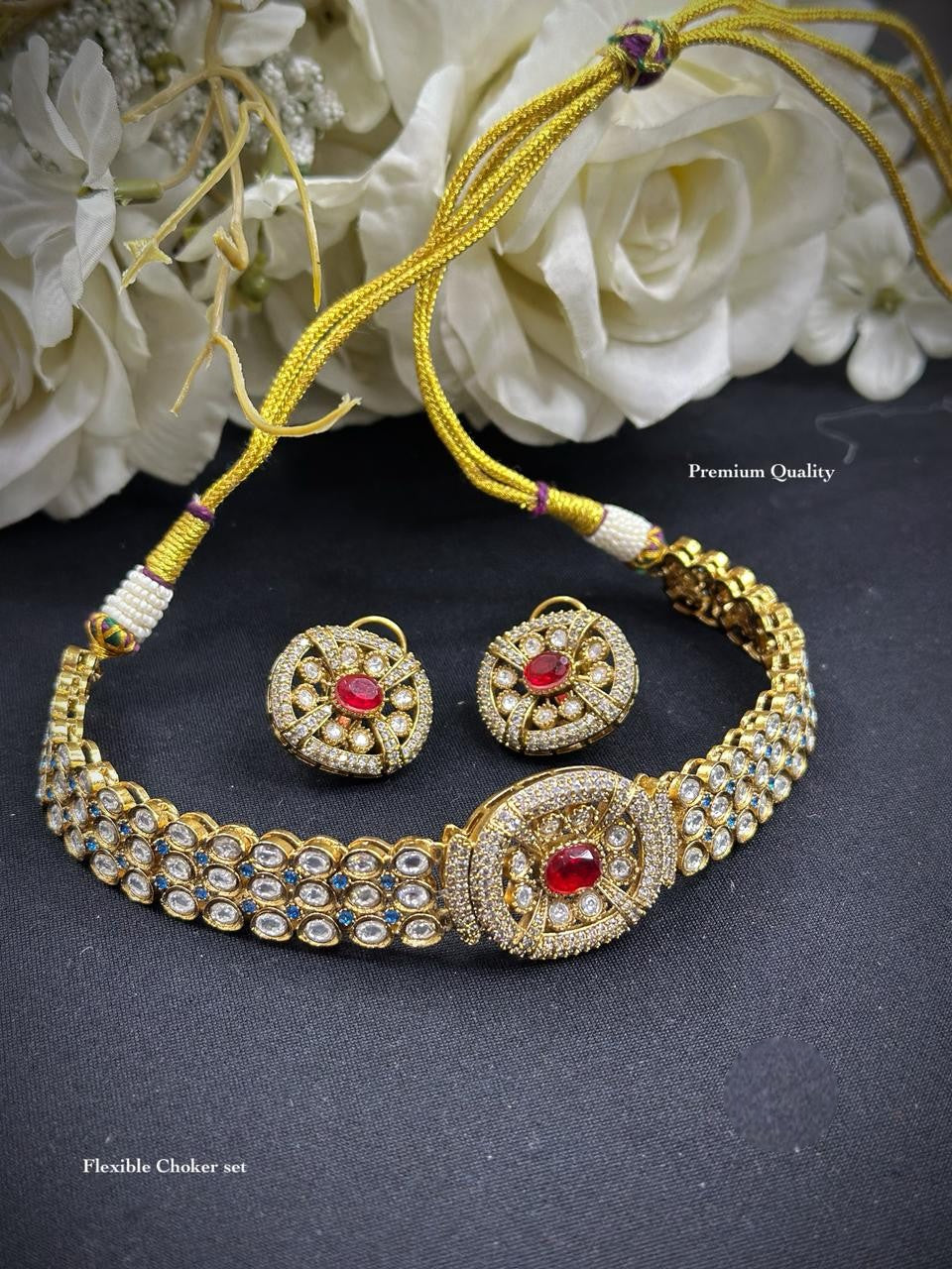 Premium Flexible Kundan Choker Necklace Set with Matching Earrings | Ananya Pandey Bollywood Actress Inspired Indian Jewellery | Luxury Kundan Jewellery Indian Neckles Set