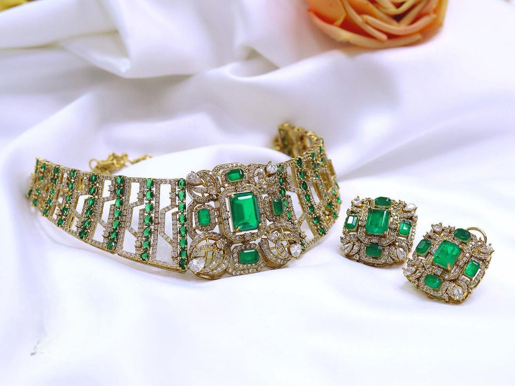 Premium Purple & Green Stone Gold-Plated Kundan Choker Necklace Set with Matching Earrings | Kareena Kapoor Inspired Bollywood Indian Jewellery Set