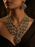Emerald Green Stone Bridal Long Necklace Set with Earrings | Kundan Jewellery Indian Necklace Set | Traditional Wedding Jewellery