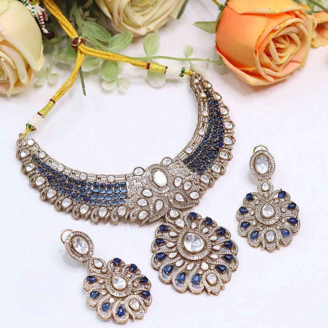 Stone Kundan Bridal Necklace Set with Earrings | Gold Tone Indian Wedding Jewellery Set | Traditional Ethnic Necklace