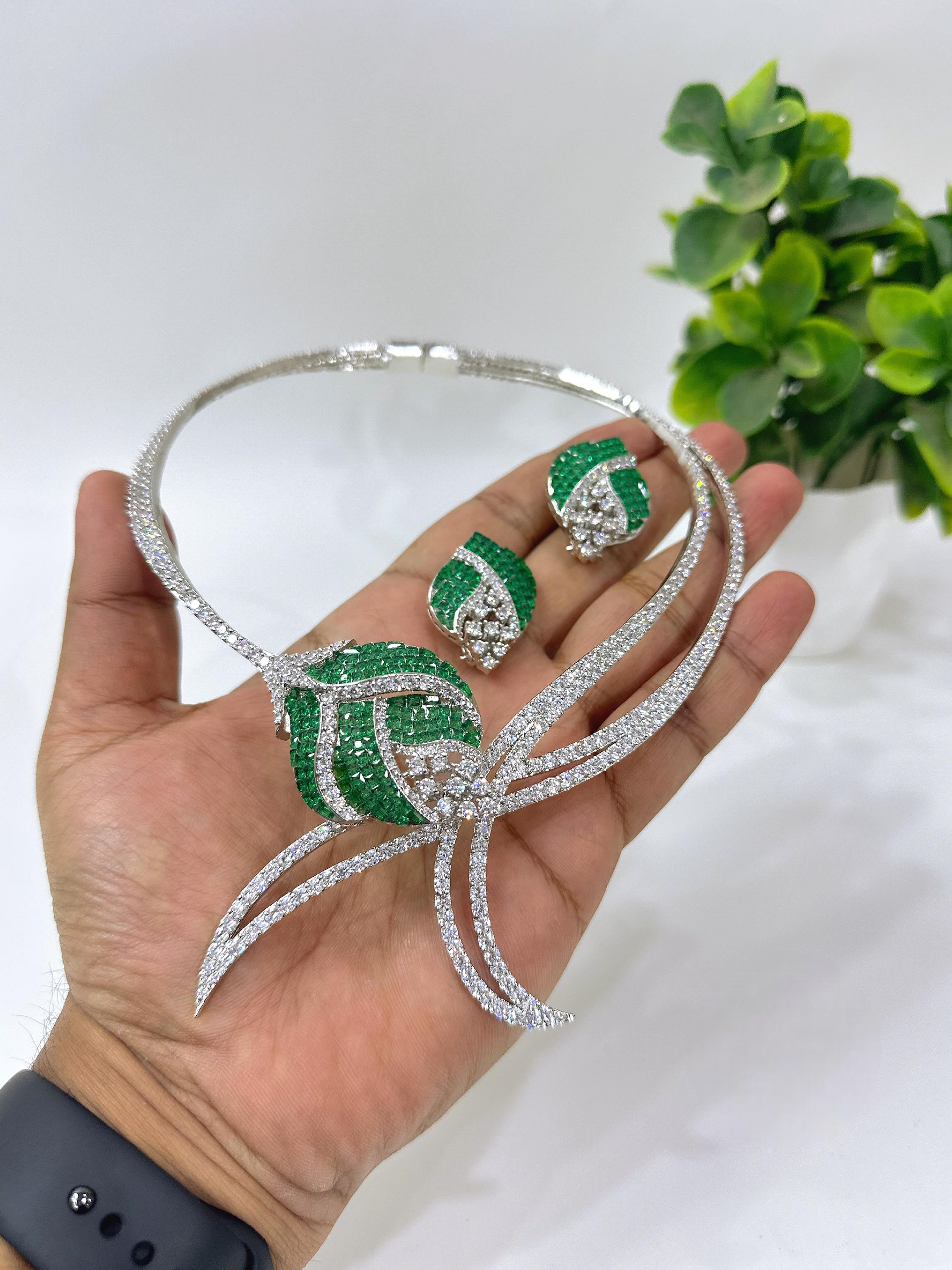 Luxury Green Stone American Diamond Necklace Set with Earrings | Indian Jewellery Silver-Tone Bridal Necklace Set | Party Wear Indian Necklace Set