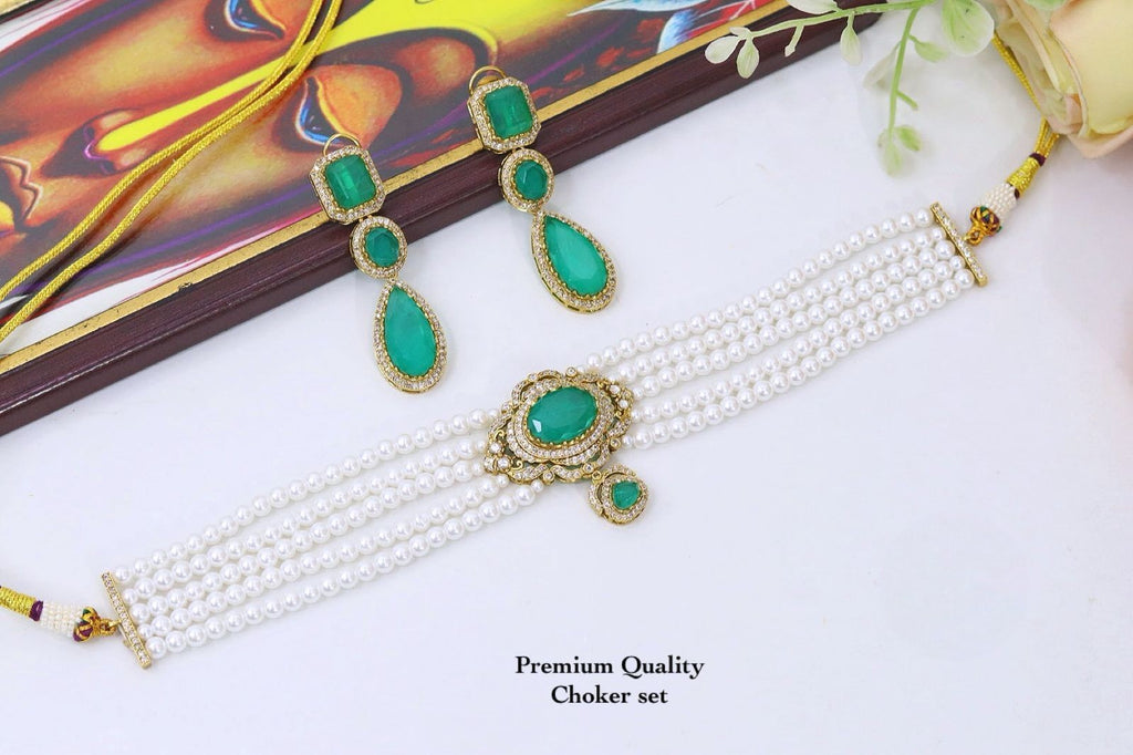 Sabyasachi Inspired Multi-Strand Pearl Choker Necklace Set with Teardrop Earrings | Royal Indian Bridal Kundan Wedding Jewellery