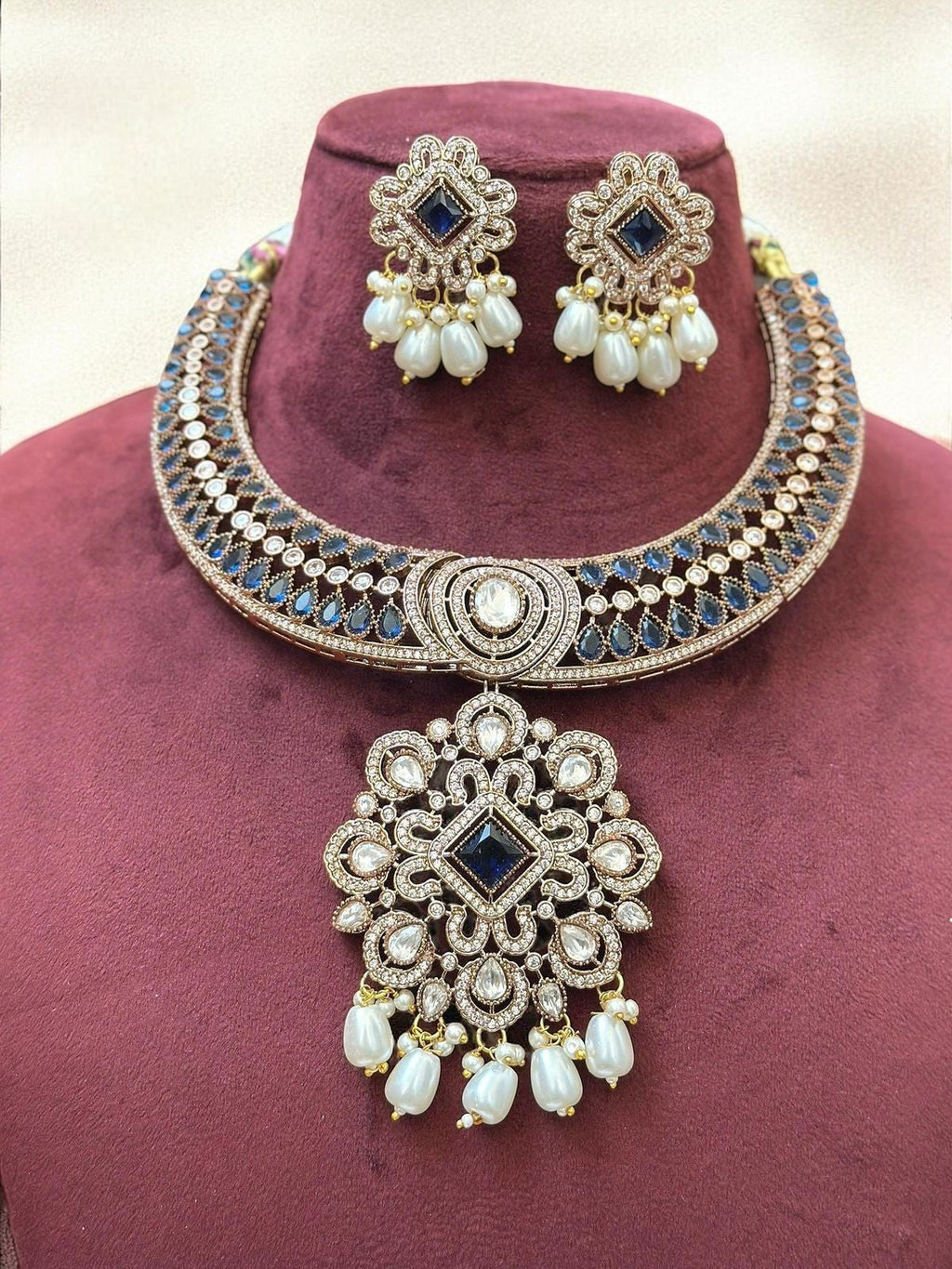 Antique Silver Choker Necklace Set with Mint Green Beads & CZ Detailing