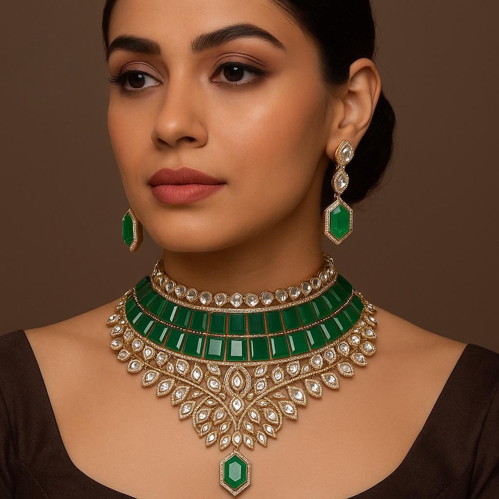 Katrina Kaif Inspired Choker Necklace Set with Kundan Polki & Pear Drop Detailing Bridal Statement Jewelry