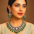 Antique Gold Finish Polki & Emerald Green Drop Statement Jewelry Set
