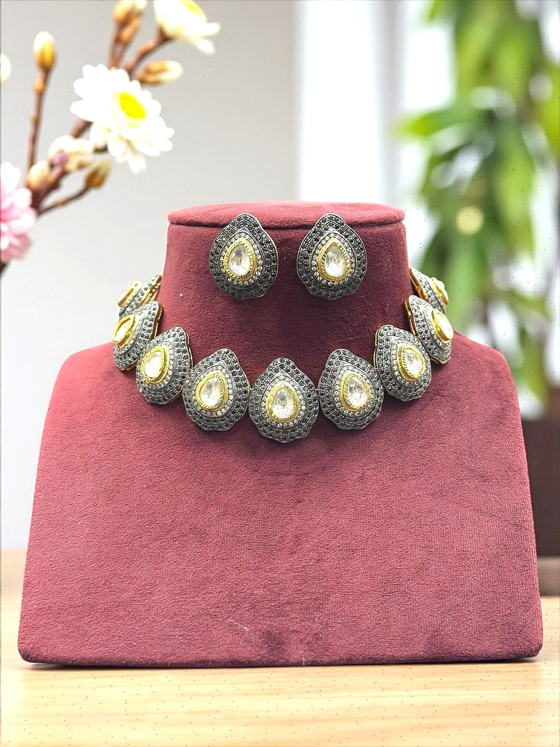 Antique Black Polish CZ Kundan Choker Necklace Set with Stud Earrings Tear Drop Design Bridal Jewelry