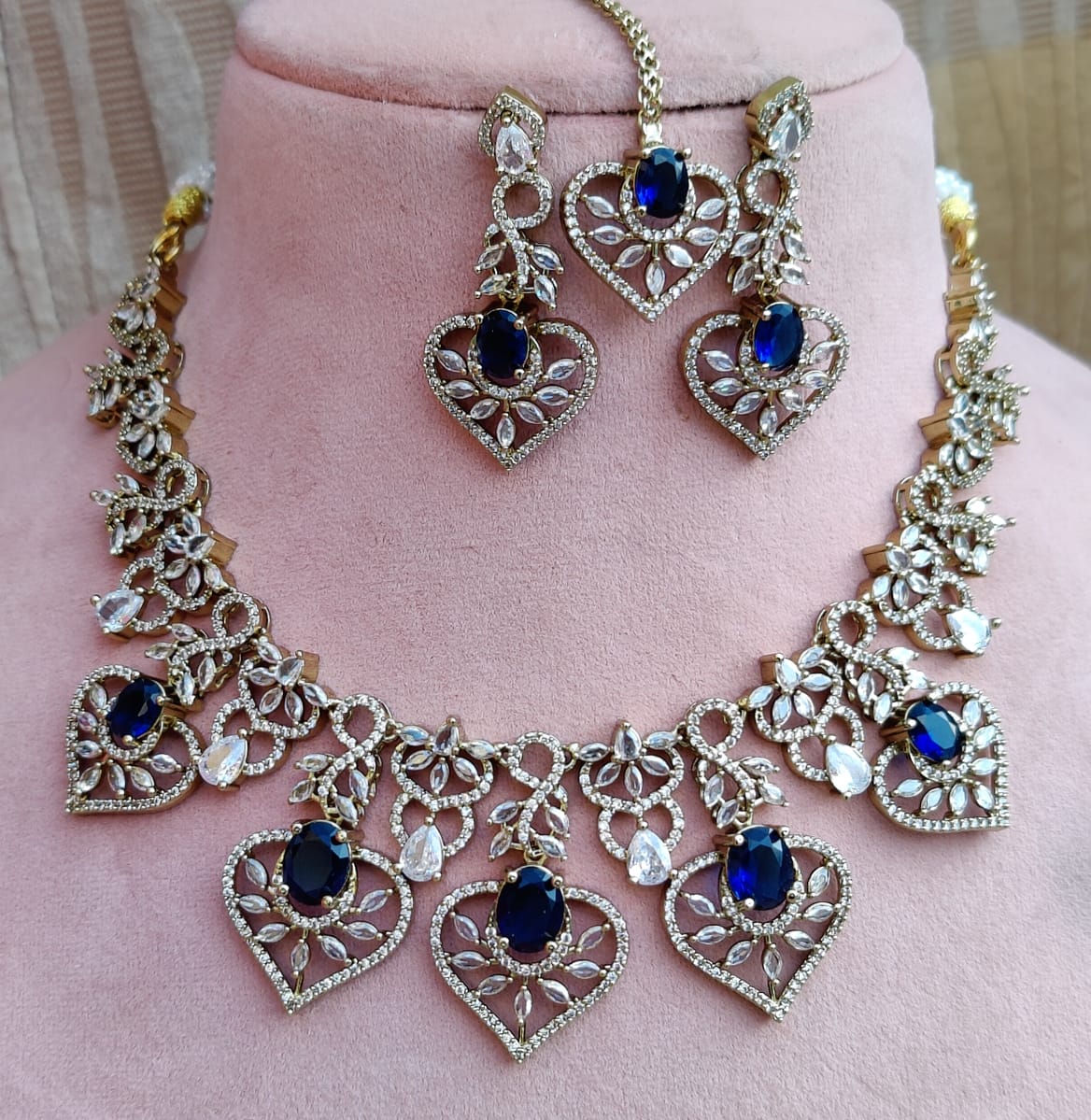 Diamond Stone Heart Necklace Set with Matching Earrings & Maang Tikka | Indian Jewellery Traditional Stone Indian Necklace Set
