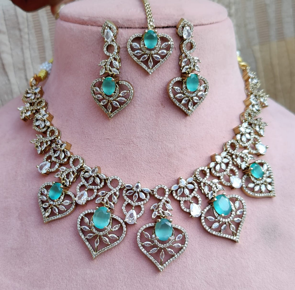 Diamond Stone Heart Necklace Set with Matching Earrings & Maang Tikka | Indian Jewellery Traditional Stone Indian Necklace Set