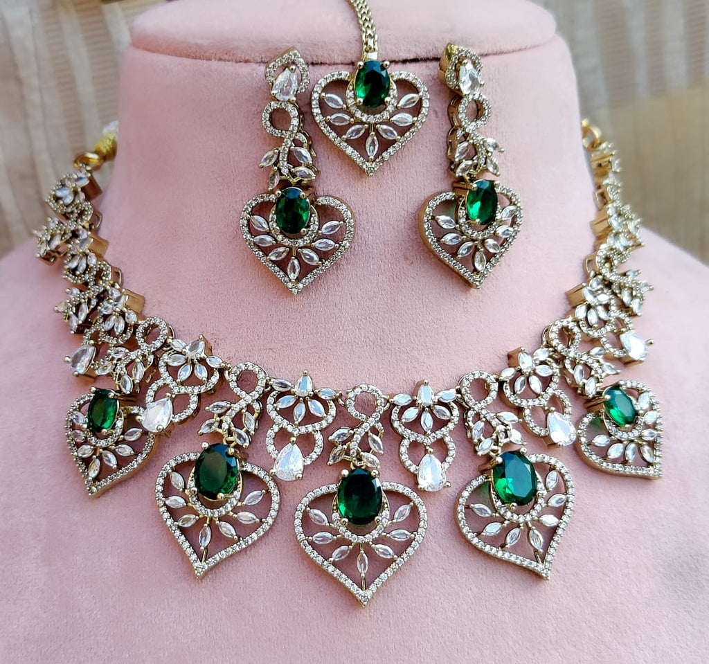 Diamond Stone Heart Necklace Set with Matching Earrings & Maang Tikka | Indian Jewellery Traditional Stone Indian Necklace Set