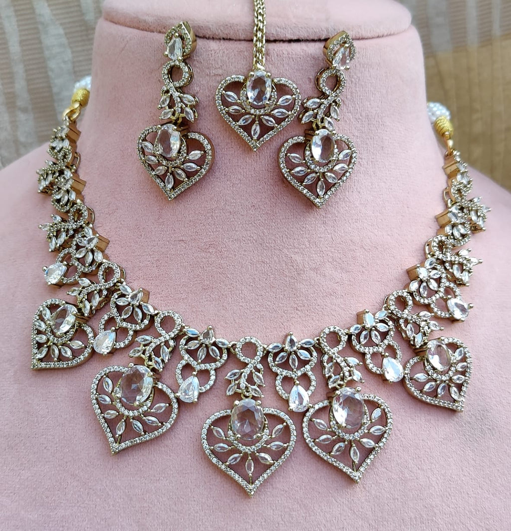 Diamond Stone Heart Necklace Set with Matching Earrings & Maang Tikka | Indian Jewellery Traditional Stone Indian Necklace Set