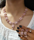Elegant Pink Square Stone Necklace Set with Matching Earrings Rose Gold Finish Bridal & Party Jewelry