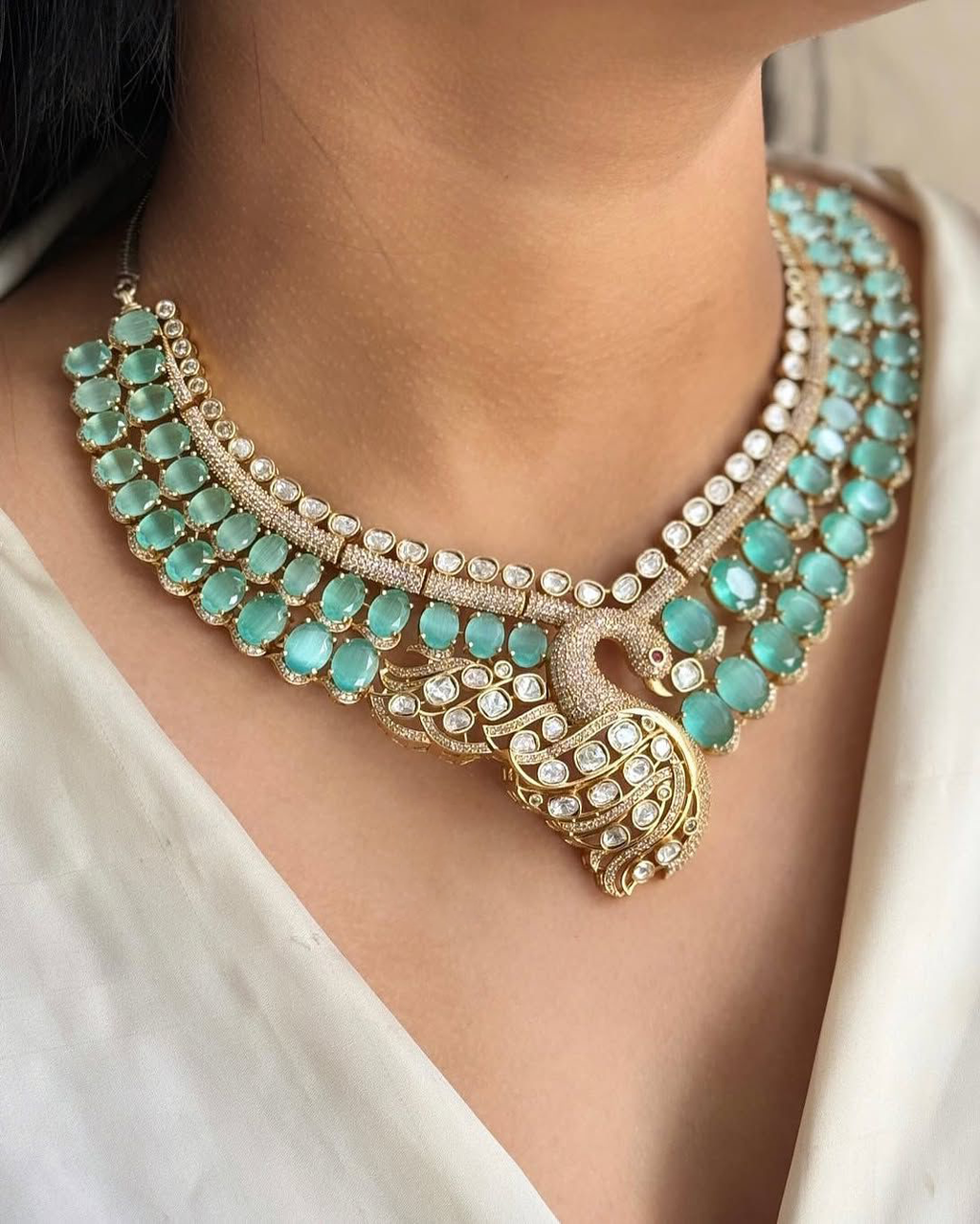 Jaipuri Pale Green Peacock Design Kundan Polki Choker Earrings Set | Kundan Jewelry | Indian Jewelry | Pakistani Necklace Set | Traditional Jewelry
