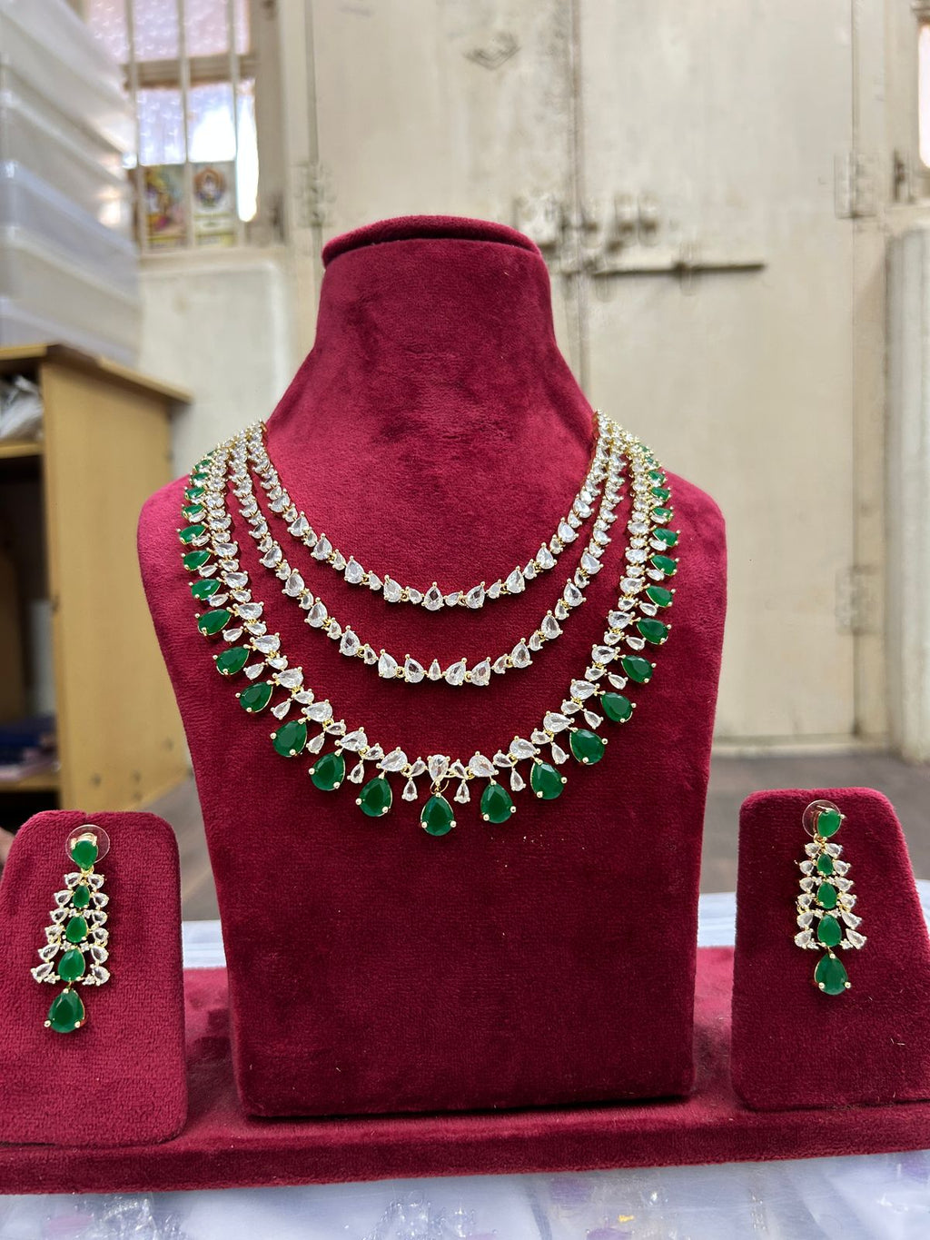 Multi Layer Pink CZ Sapphire Necklace Chandelier Earrings Set | Kundan Jewelry | AD Jewelry | Indian Jewelry | Traditional Jewelry