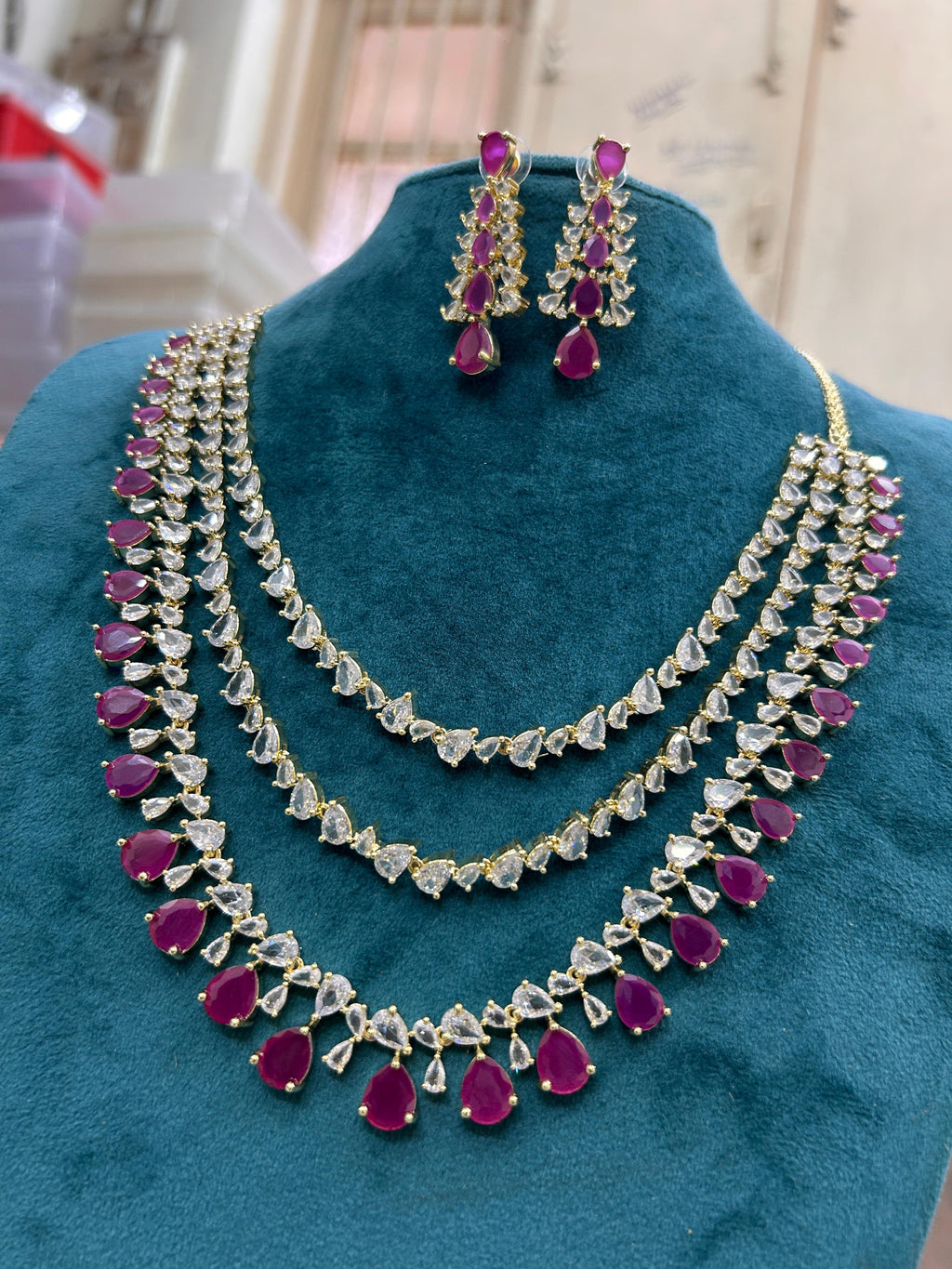 Multi Layer Pink CZ Sapphire Necklace Chandelier Earrings Set | Kundan Jewelry | AD Jewelry | Indian Jewelry | Traditional Jewelry