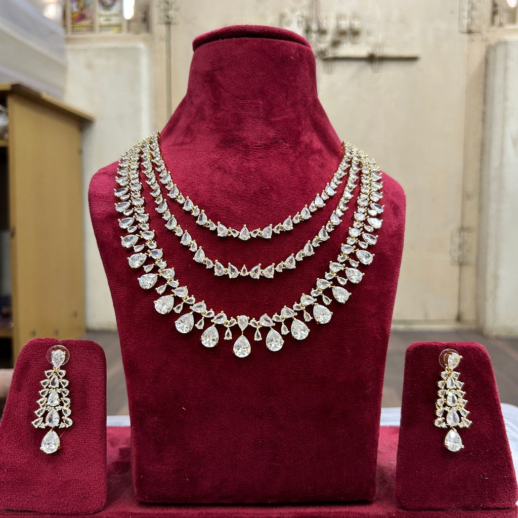 Multi Layer Pink CZ Sapphire Necklace Chandelier Earrings Set | Kundan Jewelry | AD Jewelry | Indian Jewelry | Traditional Jewelry