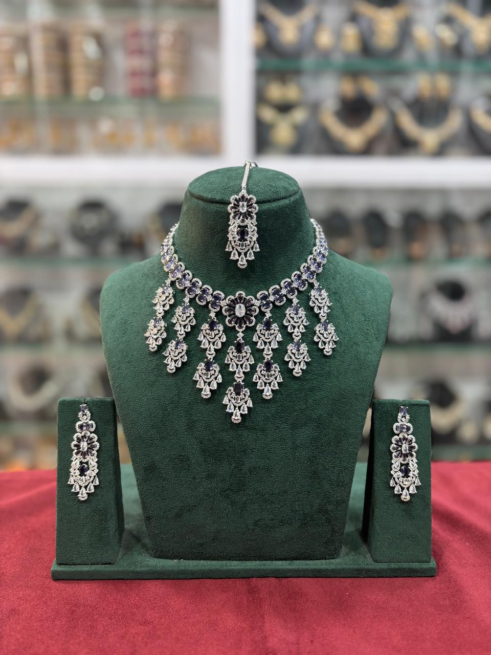 Bridal Americam Diamond Flower Design Choker Earring Maangtikka Set - CZ Indian Floral Choker Set