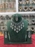 Bridal Americam Diamond Flower Design Choker Earring Maangtikka Set - CZ Indian Floral Choker Set