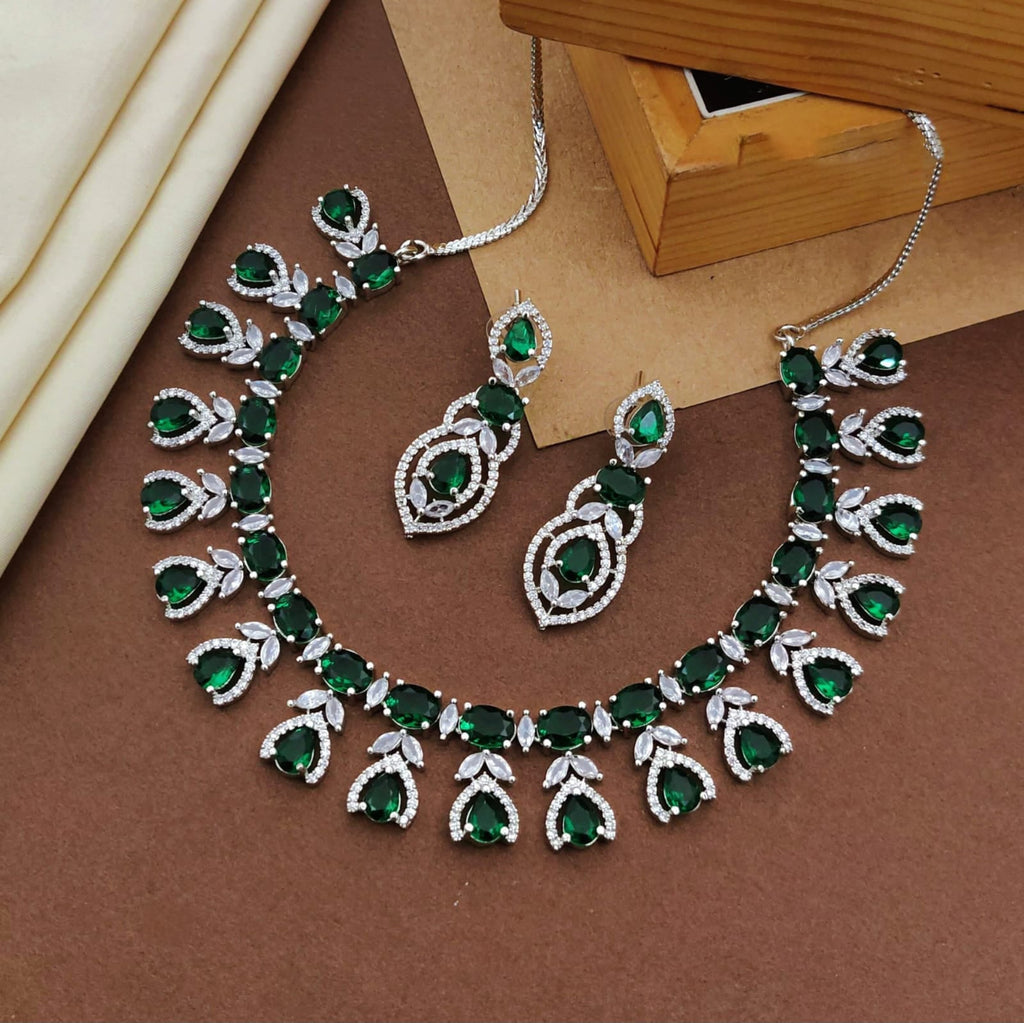 Floral Design American Diamond Choker Earrings Set For Wedding - CZ Choker Indian Jewelry
