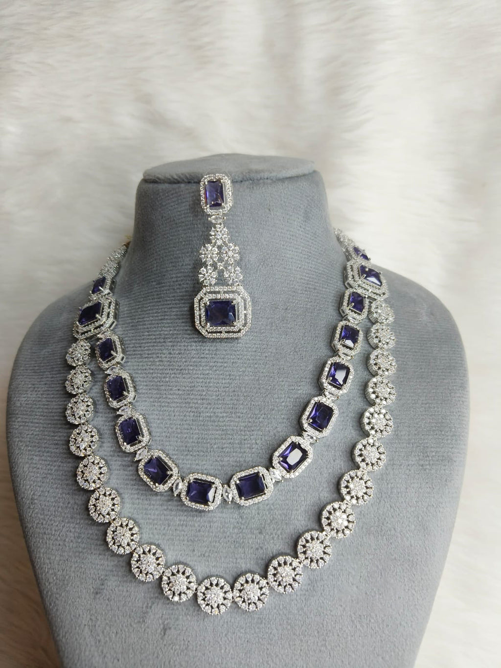 Wedding Double Layered AD Floral Design Necklace Earrings Indian Jewelry