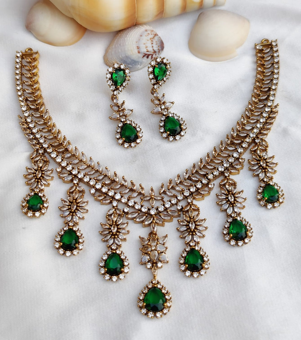 Gold Toned Bridal AD Necklace Earrings Set For Wedding