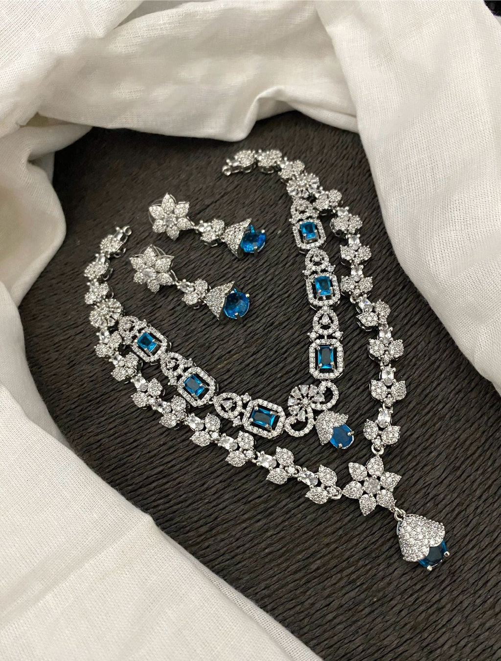 Pakistani Double Layered Floral AD Necklace Earring Set For Wedding