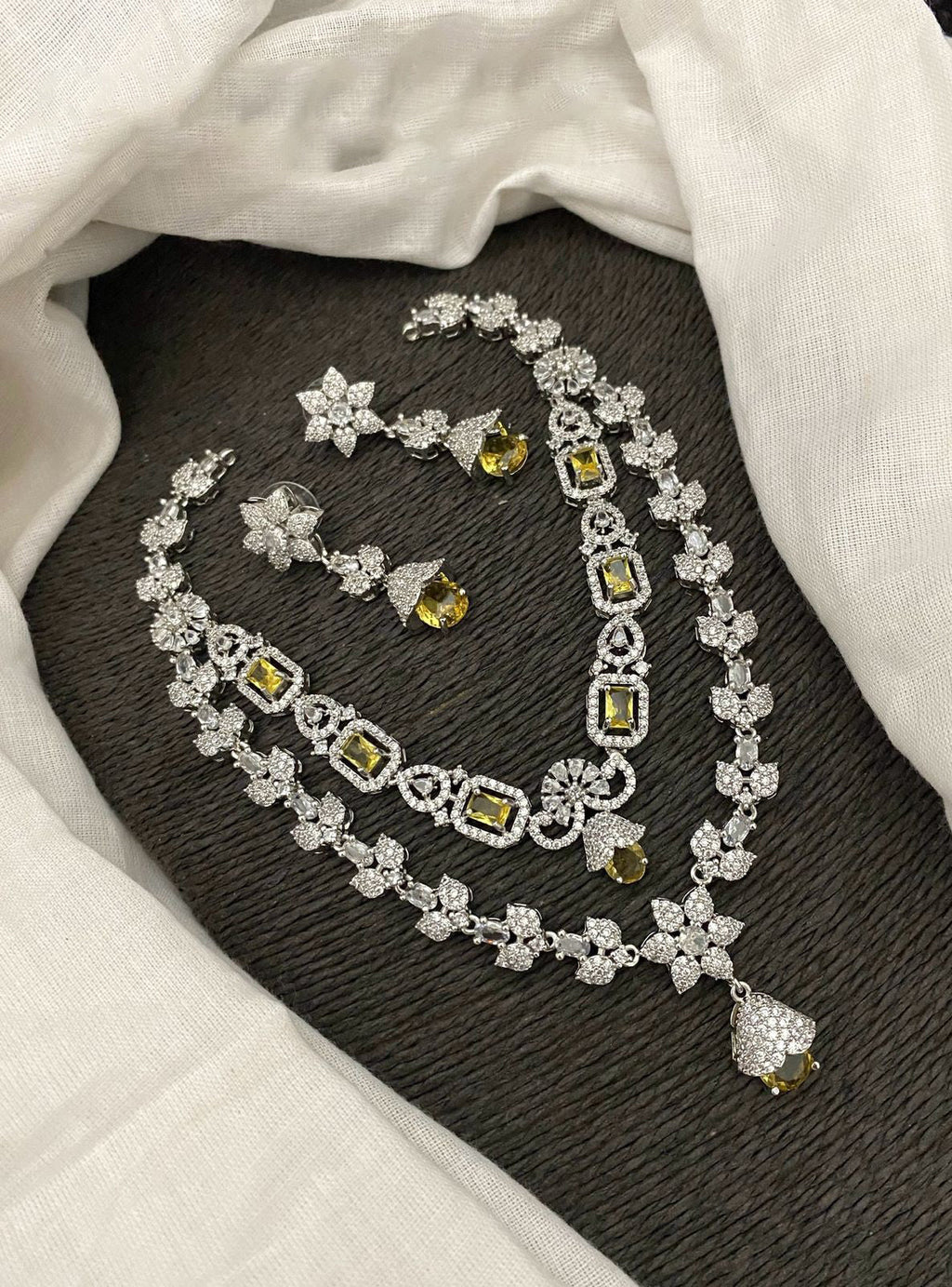 Pakistani Double Layered Floral AD Necklace Earring Set For Wedding