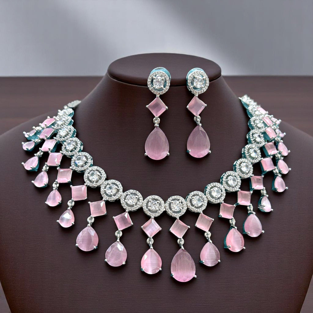 Wedding Drop Silver Finish AD Choker Earring Set For Women