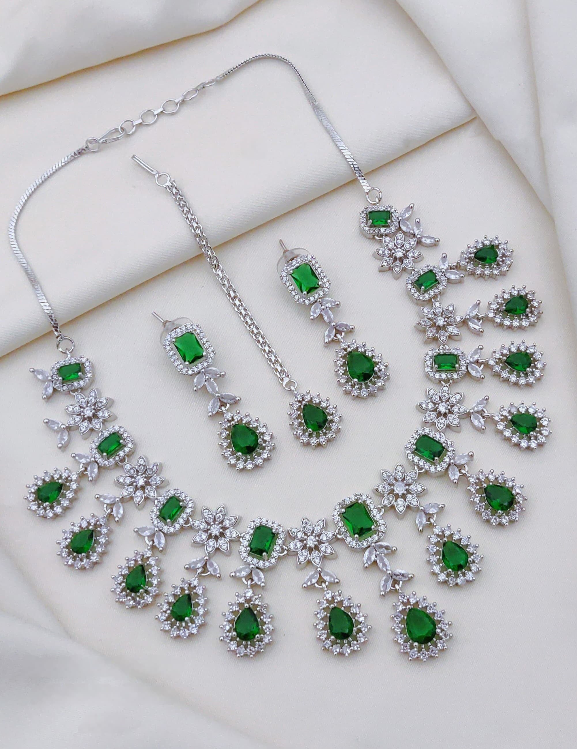 Indian Flower Design Silver Plated AD CZ Choker Earring Mangtikka Set
