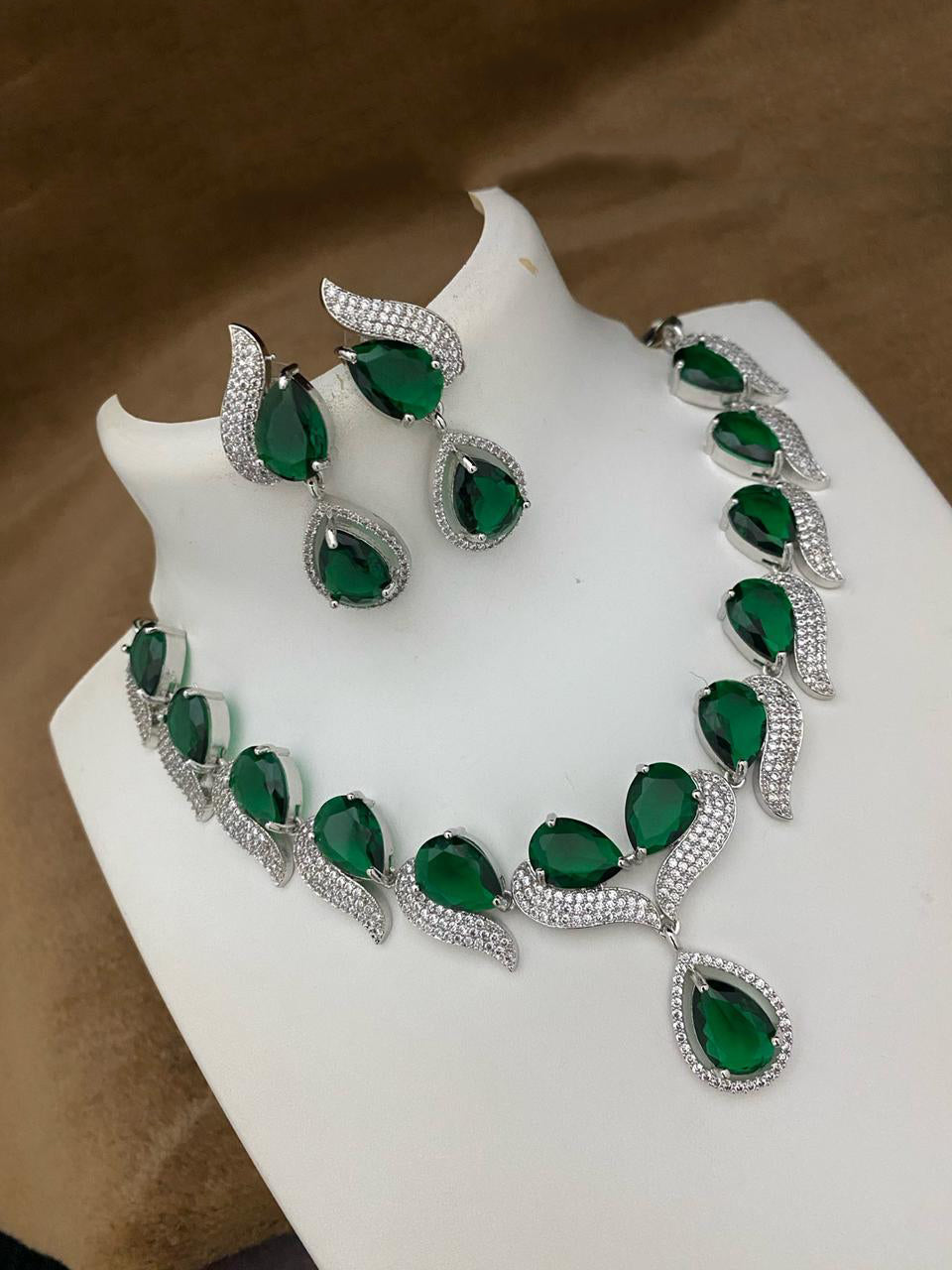 Pakistani Teardop CZ Silver Plated AD Necklace Earring Set For Wedding