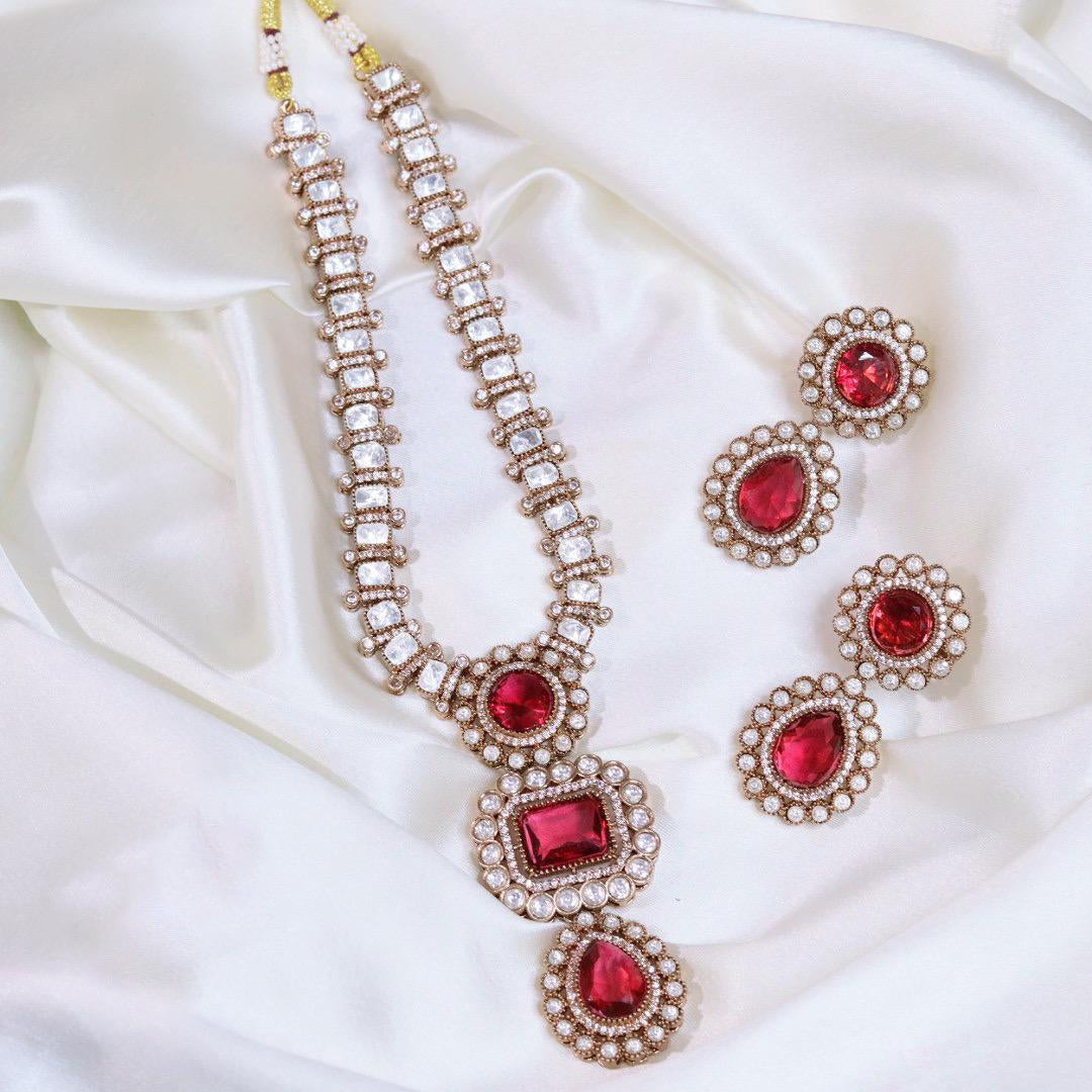 Punjabi CZ Silver Tone Necklace Matching Earrings Set For Wedding