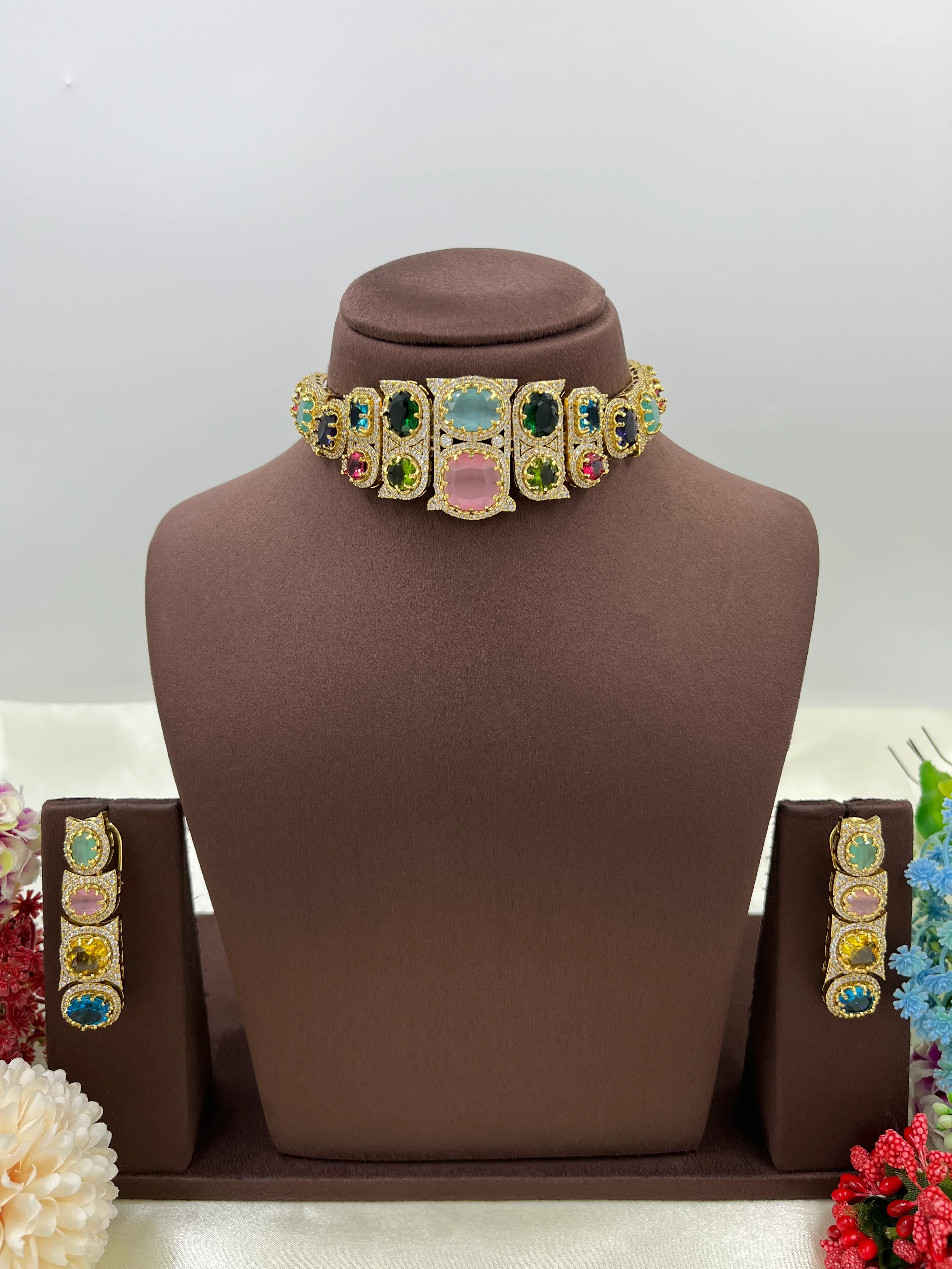 Satrangi AD Multi Choker Necklace Set | Indian Jewellery | Matching Earrings | Premium AD Stone Indian Necklace Set